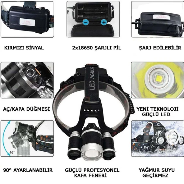 3 Başlıklı Şarjlı  Kafa Feneri  Watton Wt-256