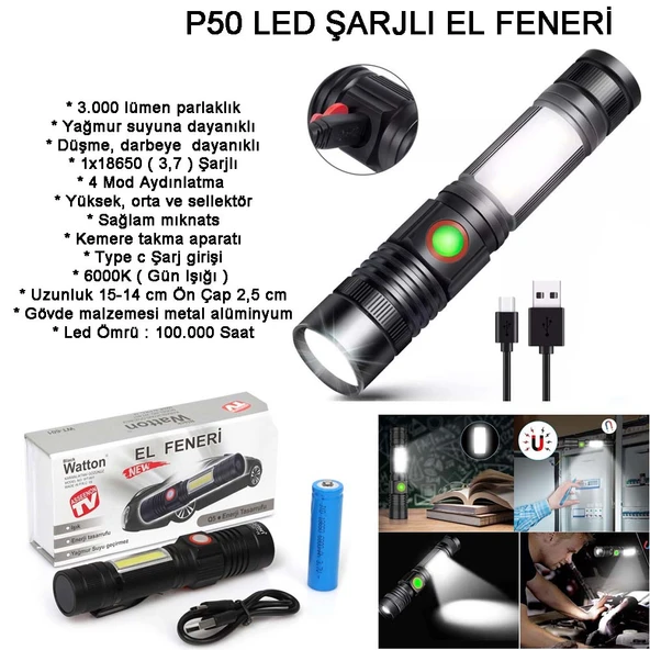 Geniş Açılı P50 Led Şarjlı EL Feneri Watton Wt-601