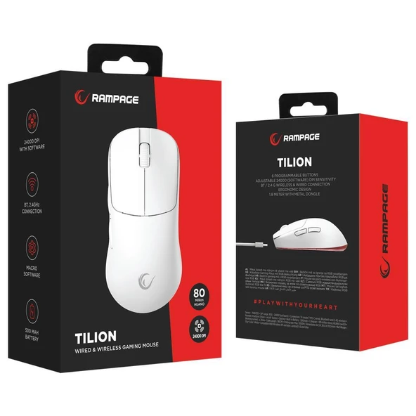 Rampage Tilion Kablosuz Beyaz 24000 DPI 3311 Sensor Şarjlı 80 Million Huano Switch Gaming Oyuncu Mouse - 8
