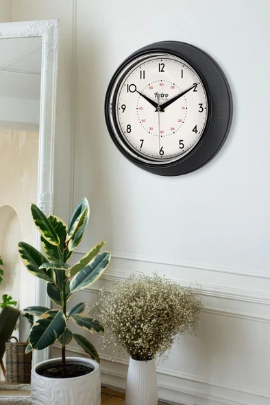 New-Max Premium Serisi Retro Tasarım Metal Kadranlı Bombeli Cam Özellikli 25 cm Ev ve Ofis Saati Siyah - Resim 3