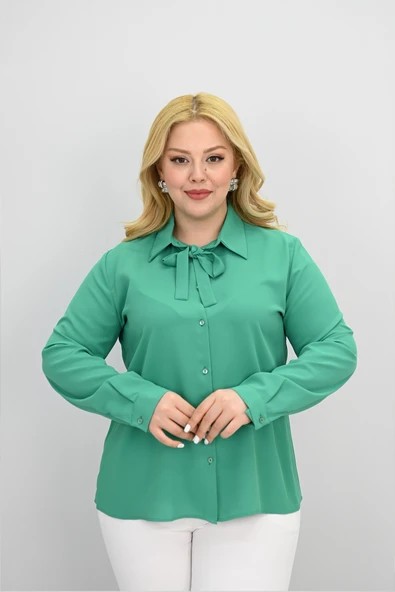 Kadın Büyük Beden Yaka Fular Bağlama Detaylı Gömlek 0035-25 - 11