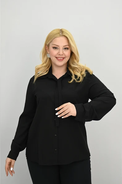 Kadın Büyük Beden Yaka Fular Bağlama Detaylı Gömlek 0035-25 - 5