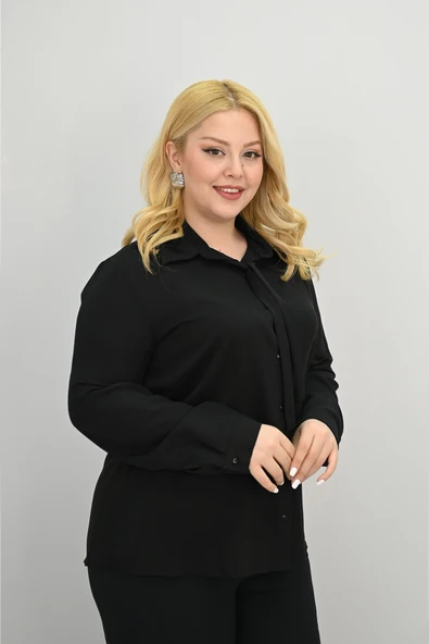 Kadın Büyük Beden Yaka Fular Bağlama Detaylı Gömlek 0035-25 - 6