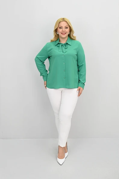 Kadın Büyük Beden Yaka Fular Bağlama Detaylı Gömlek 0035-25 - 10