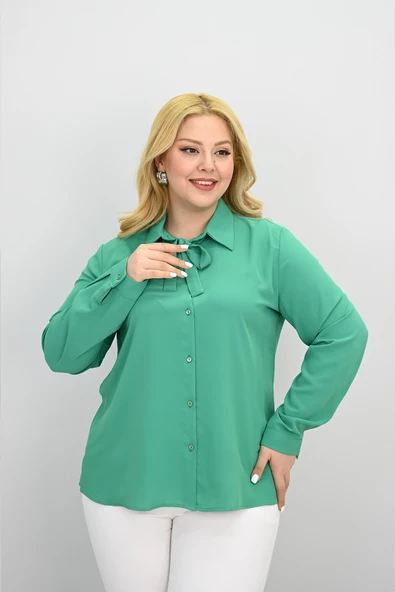 Kadın Büyük Beden Yaka Fular Bağlama Detaylı Gömlek 0035-25 - 12