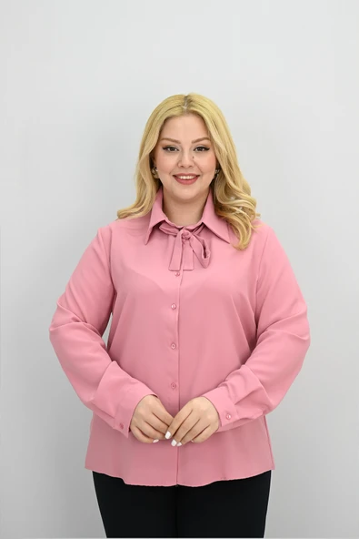 Kadın Büyük Beden Yaka Fular Bağlama Detaylı Gömlek 0035-25