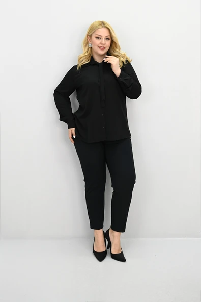 Kadın Büyük Beden Yaka Fular Bağlama Detaylı Gömlek 0035-25 - 2