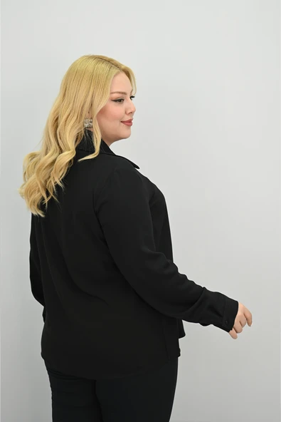 Kadın Büyük Beden Yaka Fular Bağlama Detaylı Gömlek 0035-25 - 7