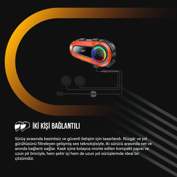 2 ADET Q08 2X 1000m Telsiz Mesafeli Özellikli 2 Kişi Bağlantılı Bluetooth Kask Kulaklık Ekranlı Fenerli Interkom - 3