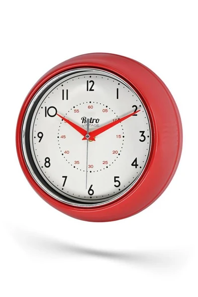 New-Max Premium Serisi Retro Tasarım Metal Kadranlı Bombeli Cam Özellikli 25 cm Ev ve Ofis Saati Kırmızı - Resim 3