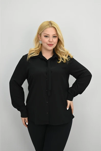 Kadın Büyük Beden Yaka Fular Bağlama Detaylı Gömlek 0035-25 - 4