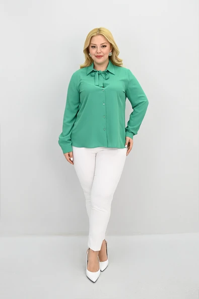 Kadın Büyük Beden Yaka Fular Bağlama Detaylı Gömlek 0035-25 - 9