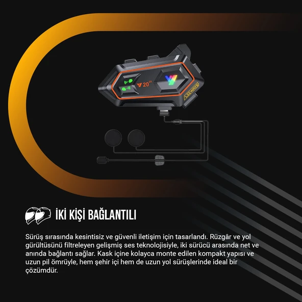İki Adet Y20 2X 1000m Telsiz Mesafeli Özellikli 2 Kişi Bağlantılı Bluetooth Kask Kulaklık Ekranlı Fenerli Motosiklet Interkom - 3