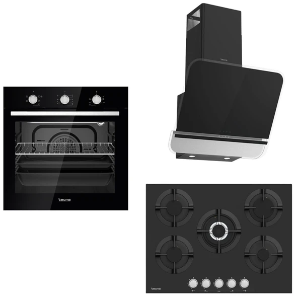 Tecna Siyah Ankastre Set  (8471 5 Gözlü Döküm Izgara 70 Cm Ankastre Ocak-8126 6 Fonksiyon Fırın-Tecna 8871 60 cm Duvar Tipi Davlumbaz)