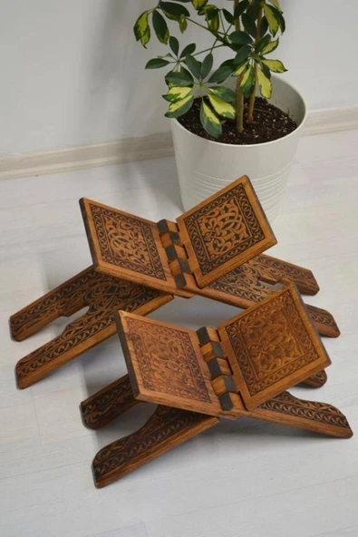 Kur’an-ı Kerim Rahlesi Selçuklu Desenli Model 2- Büyük Boy (18X65cm) Yakma İşçilikli - Resim 4