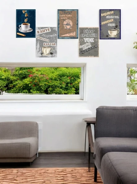 5 Parça (14cmx20cm) Çerçeve Görünümlü Dekoratif Hediyelik Tablo Kahve Severler İçin Ruhunu Yansıtan Kahve Köşesi Tabloları, Duvar Tabloları, Cafe Tabloları - 2