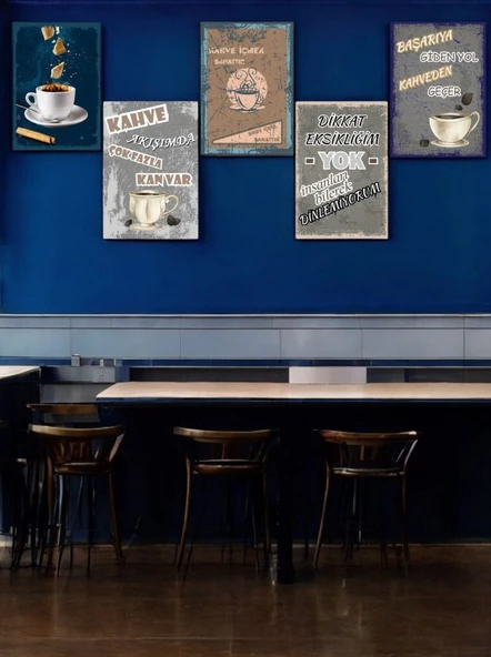 Kahve Ruhunu Dekorasyonunuza Yansıtan 5 Parça (20cmx29cm)  A4 Mdf Baskı Tablo, Duvar Tabloları , Kahve Köşesi Tabloları, Cafe Tabloları, Çerçeve Görünümlü Dekoratif Hediyelik - 2