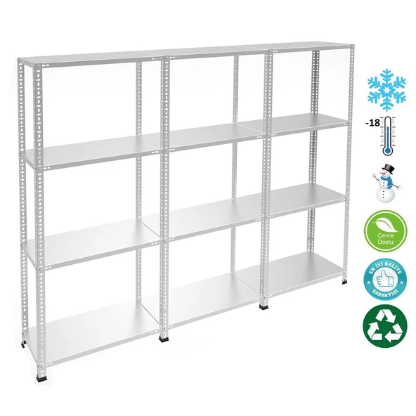 4 Katlı 3'lü Bitişik Paslanmaz Krom Raf - Inox Soğuk Oda Rafı, Buzhane Rafı  43x75 cm 100 cm 0.70 mm