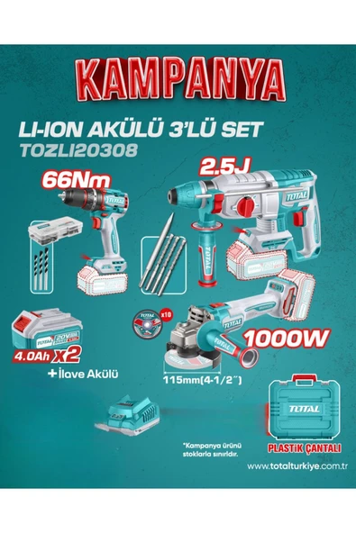 TOTAL PROFESYONEL 3'LÜ PROFESYONEL AKÜLÜ DARBELİ MATKAP SET + 2x4 Ah Akü Seti