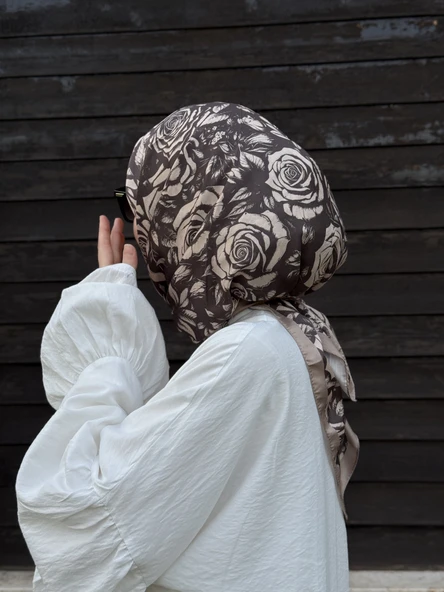 Pamuklu Soft Roza Desen Eşarp-Vizon - 6