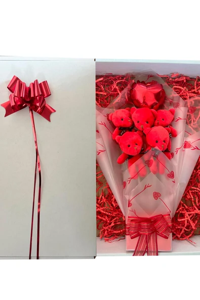 Sole Sevgiliye Özel Kırmızı Konsept Balonlu Romantik Peluş Ayıcık Buketi - 5