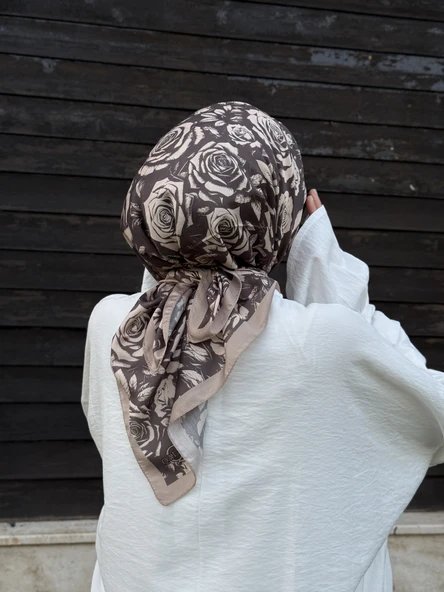 Pamuklu Soft Roza Desen Eşarp-Vizon - 5