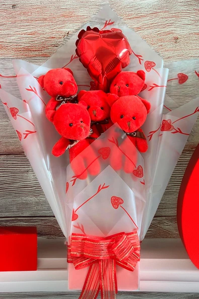Sole Sevgiliye Özel Kırmızı Konsept Balonlu Romantik Peluş Ayıcık Buketi - 4