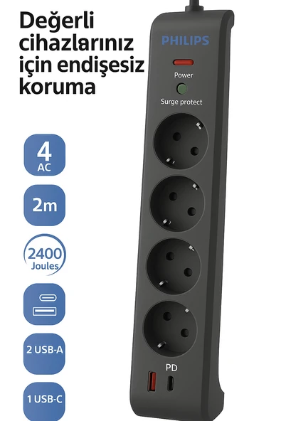 Philips SPN4140GA Akım Korumalı Priz 4'lü + 2x USB-A 18W + 1x USB-C 20W - 2m Kablo