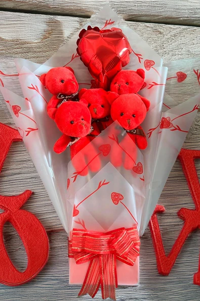 Sole Sevgiliye Özel Kırmızı Konsept Balonlu Romantik Peluş Ayıcık Buketi