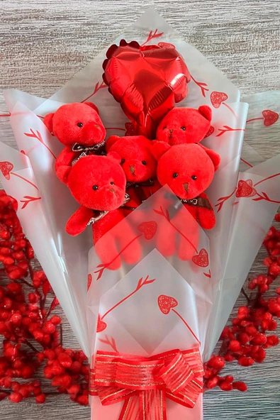 Sole Sevgiliye Özel Kırmızı Konsept Balonlu Romantik Peluş Ayıcık Buketi - 6