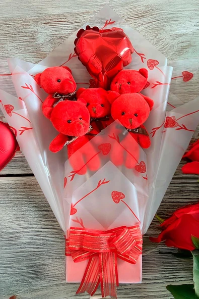 Sole Sevgiliye Özel Kırmızı Konsept Balonlu Romantik Peluş Ayıcık Buketi - 3