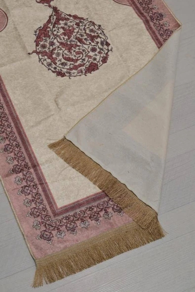 Pratik ve Taşınabilir İpek Dokulu Mihrap Desenli Çantalı Seccade Gül Kurusu - Resim 5