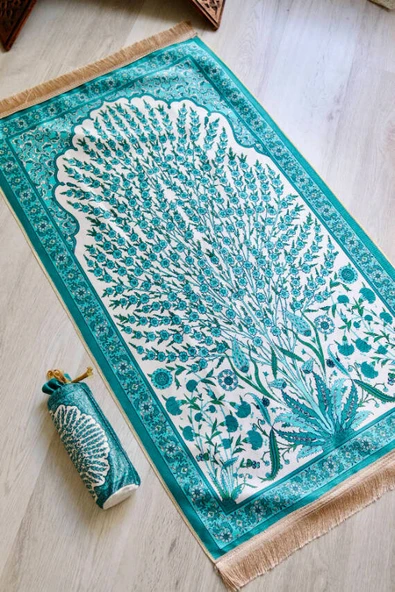 Çini Desenli İpek Dokulu Keseli Seccade Turkuaz - Resim 3