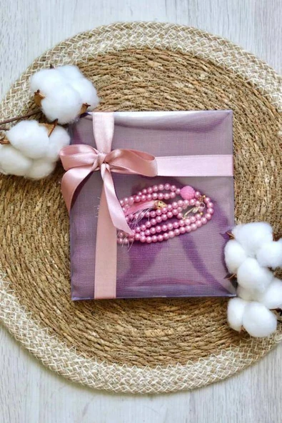 Hediyelik Mevlitlik Eşarp ve İnci Tesbih Set 1 Adet Gül Kurusu ürün görseli