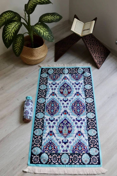 Çini Desenli İpek Dokulu Keseli Seccade Açık Mavi - Resim 2