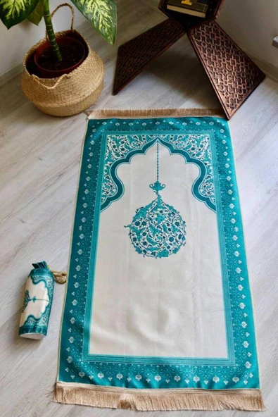 Mihrap Desenli İpek Dokulu Keseli Seccade Turkuaz Renk ürün görseli 1