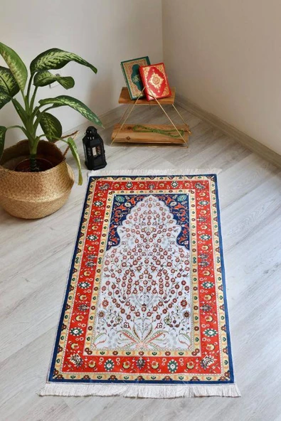 Küçük Çiçek Desenli İpek Dokulu Keseli Seccade Kırmızı - Resim 2