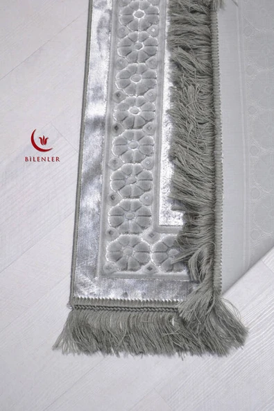 Özel Kutulu Hediyelik Lüks Kadife Dokuma Seccade ve Kristal Tesbih Seti Füme - Resim 5