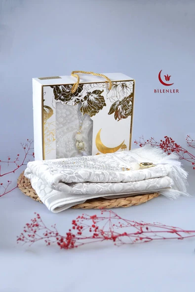 Özel Kutulu Hediyelik Lüks Kadife Dokuma Seccade ve Kristal Tesbih Seti Beyaz ürün görseli