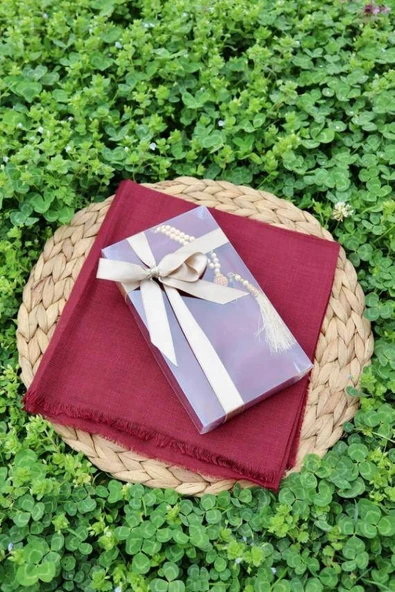 Hediyelik Mevlitlik Eşarp ve İnci Tesbih Set 1 Adet Bordo - Resim 3