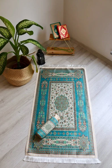 Halı Desenli İpek Dokulu Keseli Seccade Turkuaz ürün görseli 1