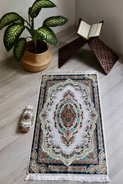 Halı Desenli İpek Dokulu Keseli Seccade Krem Renk - Resim 4