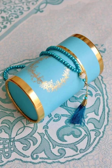 Silindir Kutulu Seccade ve İnci Tesbih Seti Mavi Renk - Resim 2