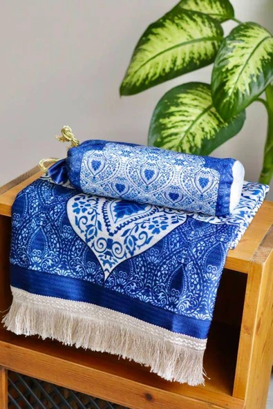 Rumi Desenli İpek Dokulu Keseli Seccade Lacivert Renk - Resim 3