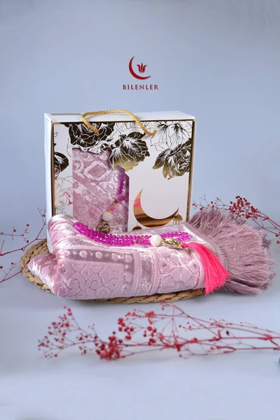 Özel Kutulu Hediyelik Lüks Kadife Dokuma Seccade ve Kristal Tesbih Seti Pembe ürün görseli