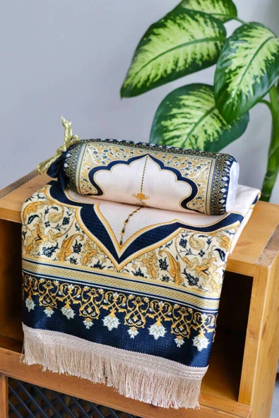 Mihrap Desenli İpek Dokulu Keseli Seccade Gold Renk - Resim 4