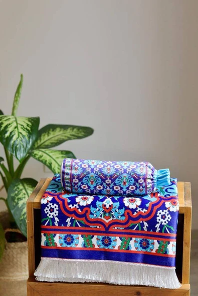 İpek Dokulu Keseli Desenli Seccade Lacivert - Resim 4