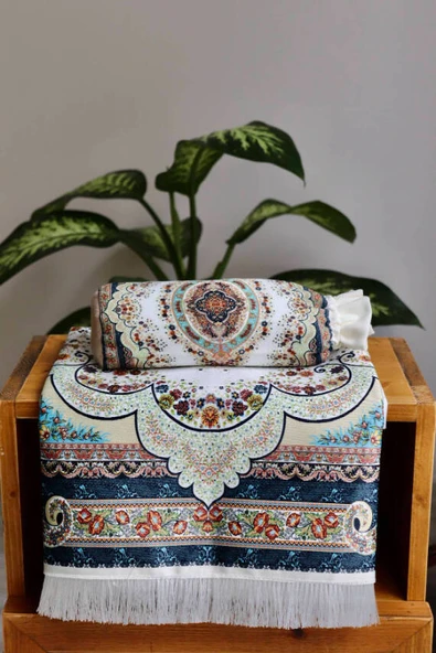 Halı Desenli İpek Dokulu Keseli Seccade Krem Renk - Resim 3