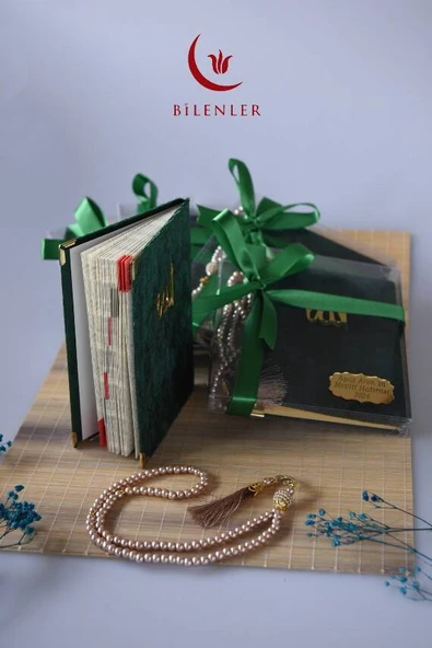 Kutulu Kadife Yasin ve İnci Tesbih Seti Yeşil 10 Adet - Resim 2