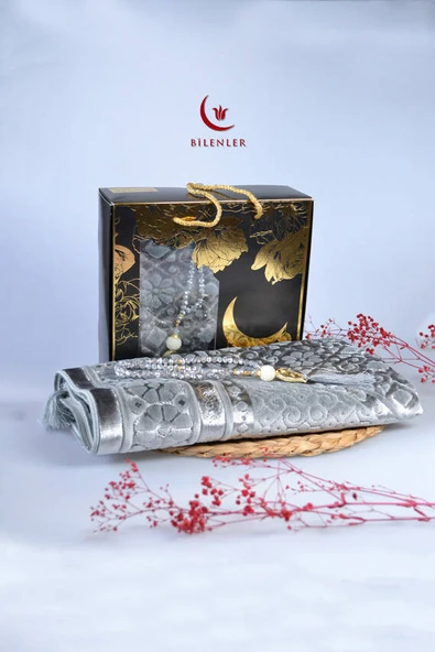 Özel Kutulu Hediyelik Lüks Kadife Dokuma Seccade ve Kristal Tesbih Seti Füme - Resim 2